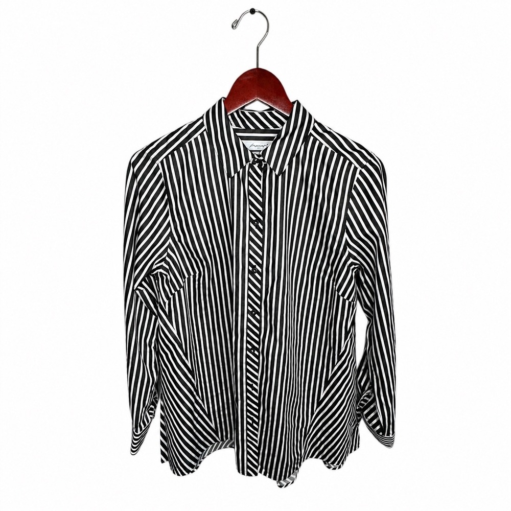 Foxcroft NYC Size 10 Non Iron Shirt Black White Striped Button Front Blouse - Picture 2 of 10